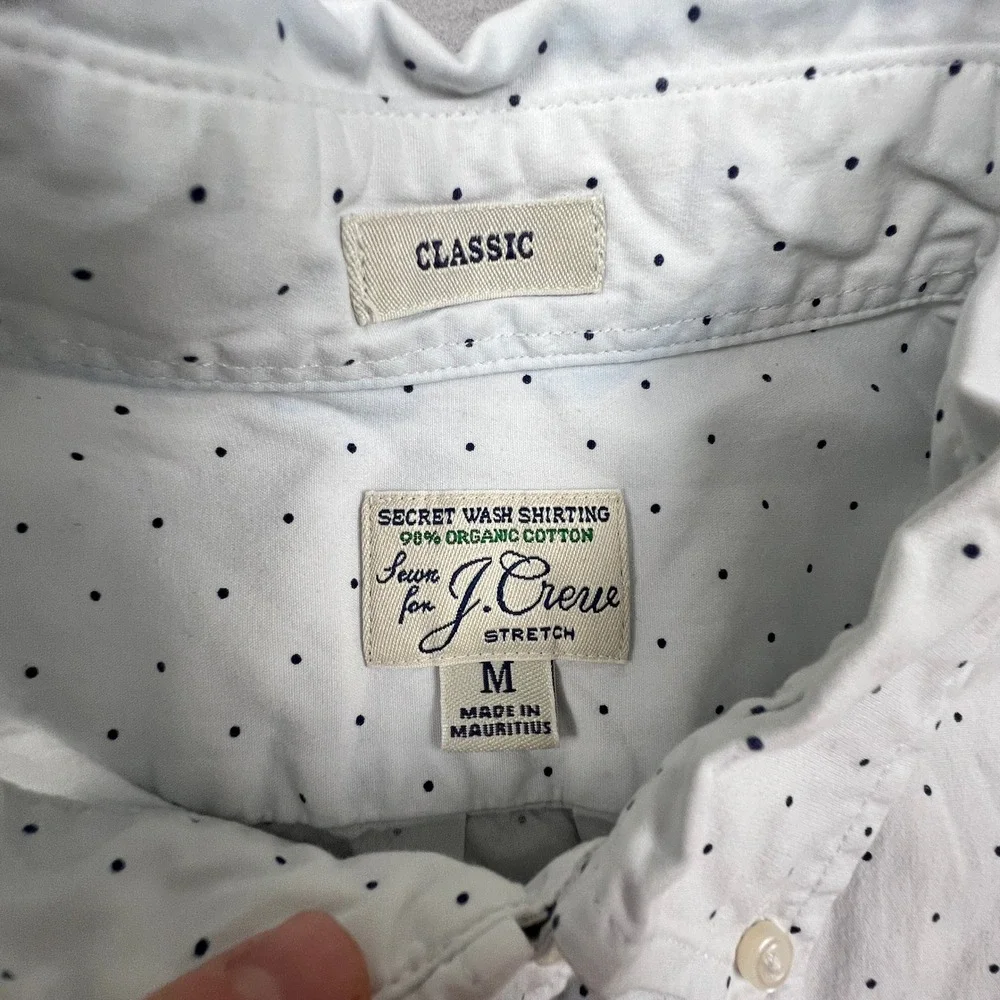 J. Crew Button Down Shirt Mens M White Polka Dot Secret Wash Stretch Classic Fit
